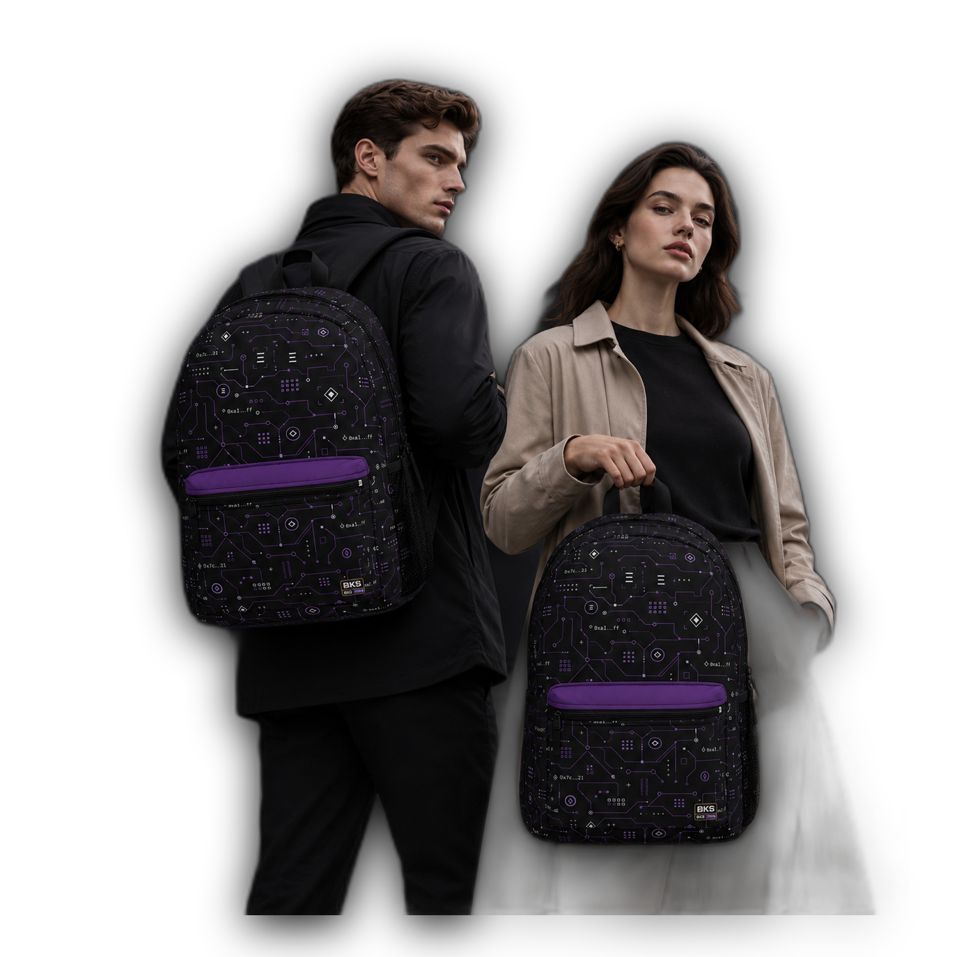 BKS Token Circuit Hash™ Backpack — render front, 0x hash addresses — no background