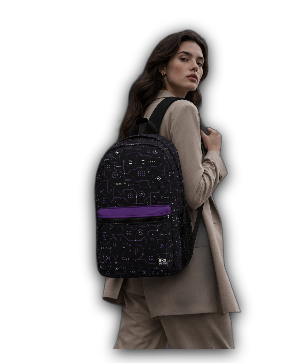 BKS Token Circuit Hash™ Backpack — render pocket, BKS Token logo — no background