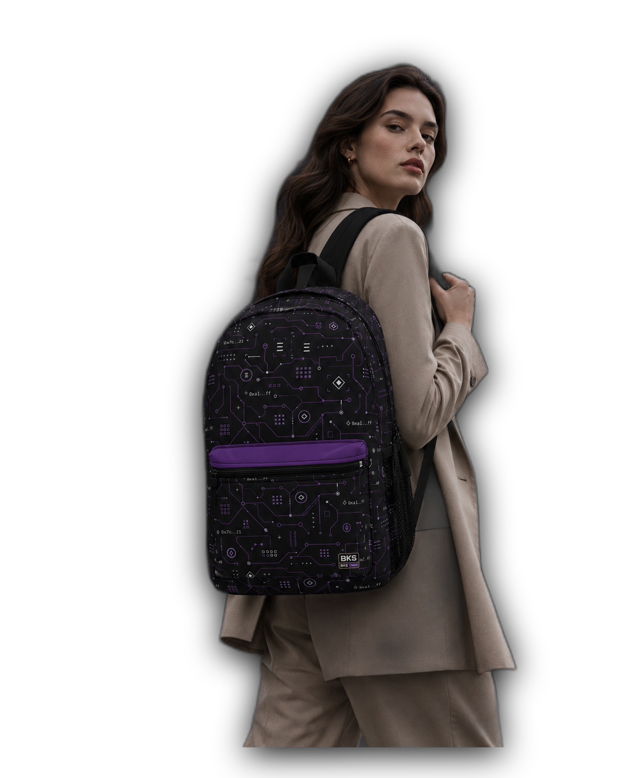 BKS Token Circuit Hash™ Backpack — render pocket, BKS Token logo — no background