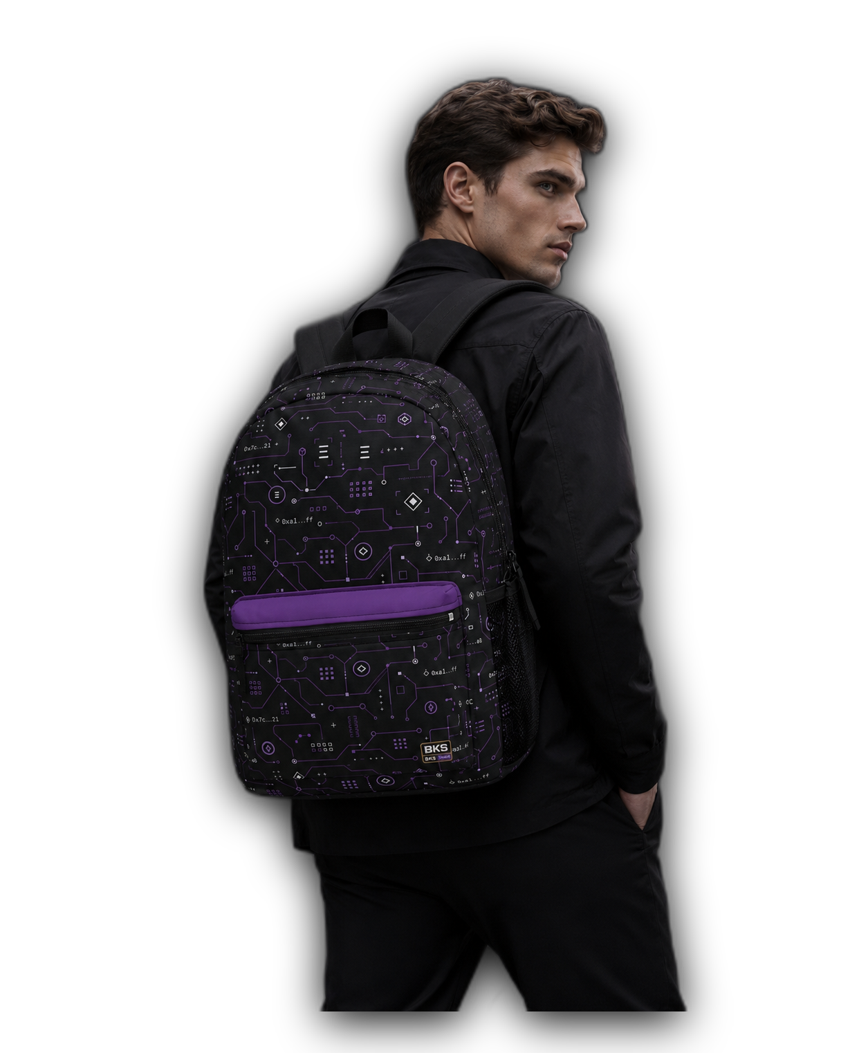 BKS Token Circuit Hash™ Backpack — render side panel — no background