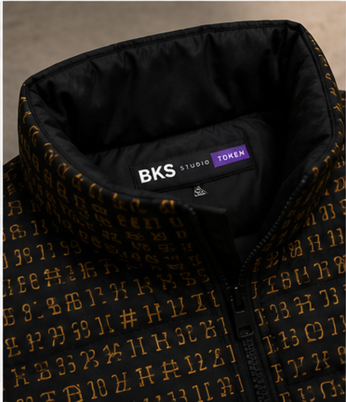 BKS Token Grid Puffer — collar and BKS label detail