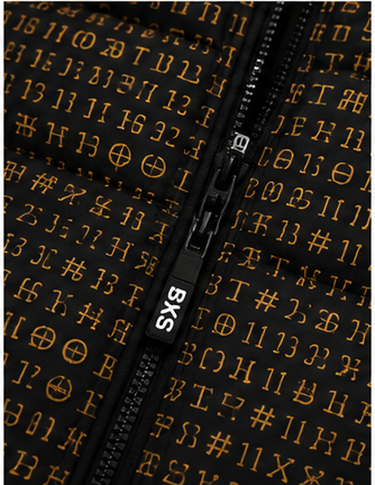BKS Token Grid Puffer — zip and all-over print detail